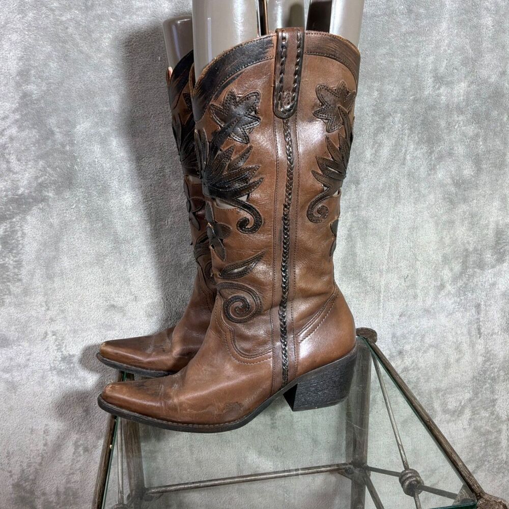 Carlos Santana Slinger Leather Cowboy Boots Western Cut Out Women Size 8M *Read